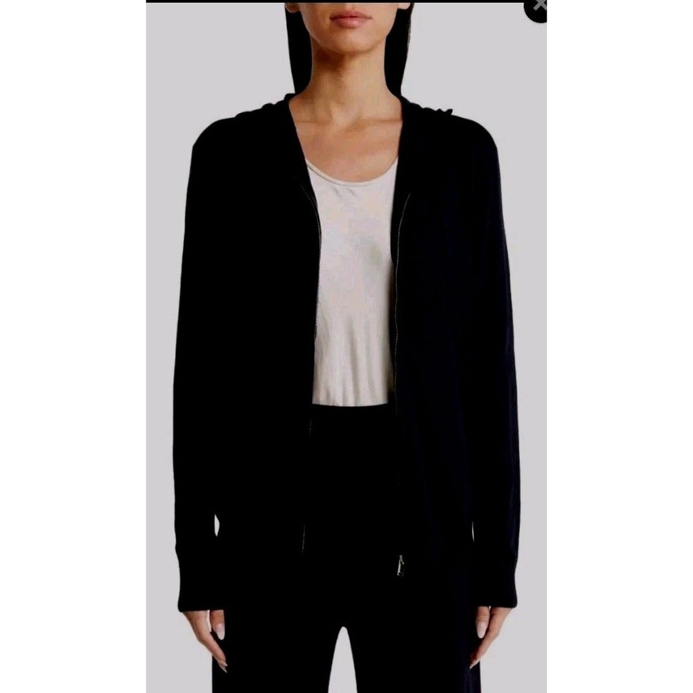 St. John Black Wool Blend Full Zip Hooded Sweater L Pockets Classic Luxury Chic